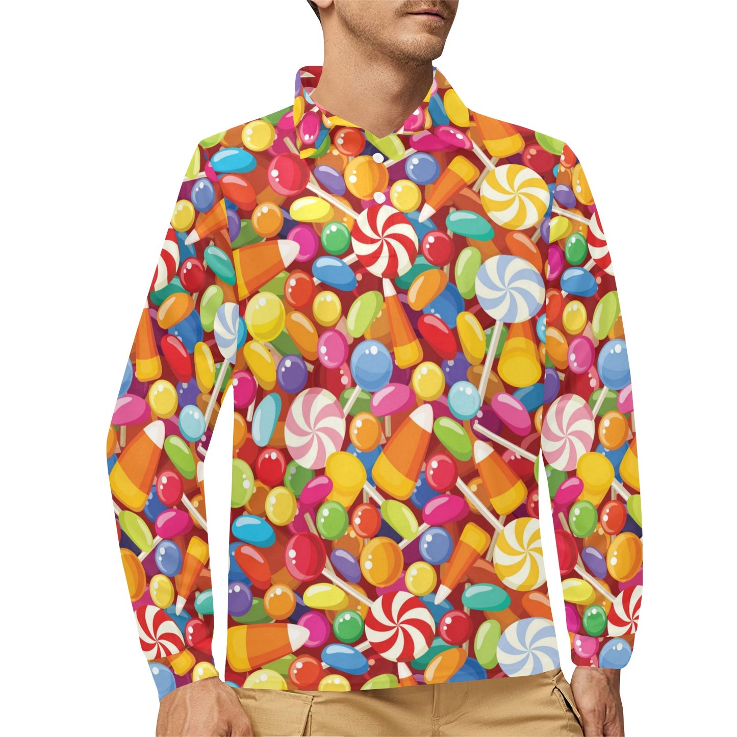 Candy Pattern Print Design 02 Long Sleeve Polo Shirt For Men's