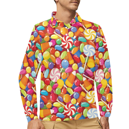 Candy Pattern Print Design 02 Long Sleeve Polo Shirt For Men's