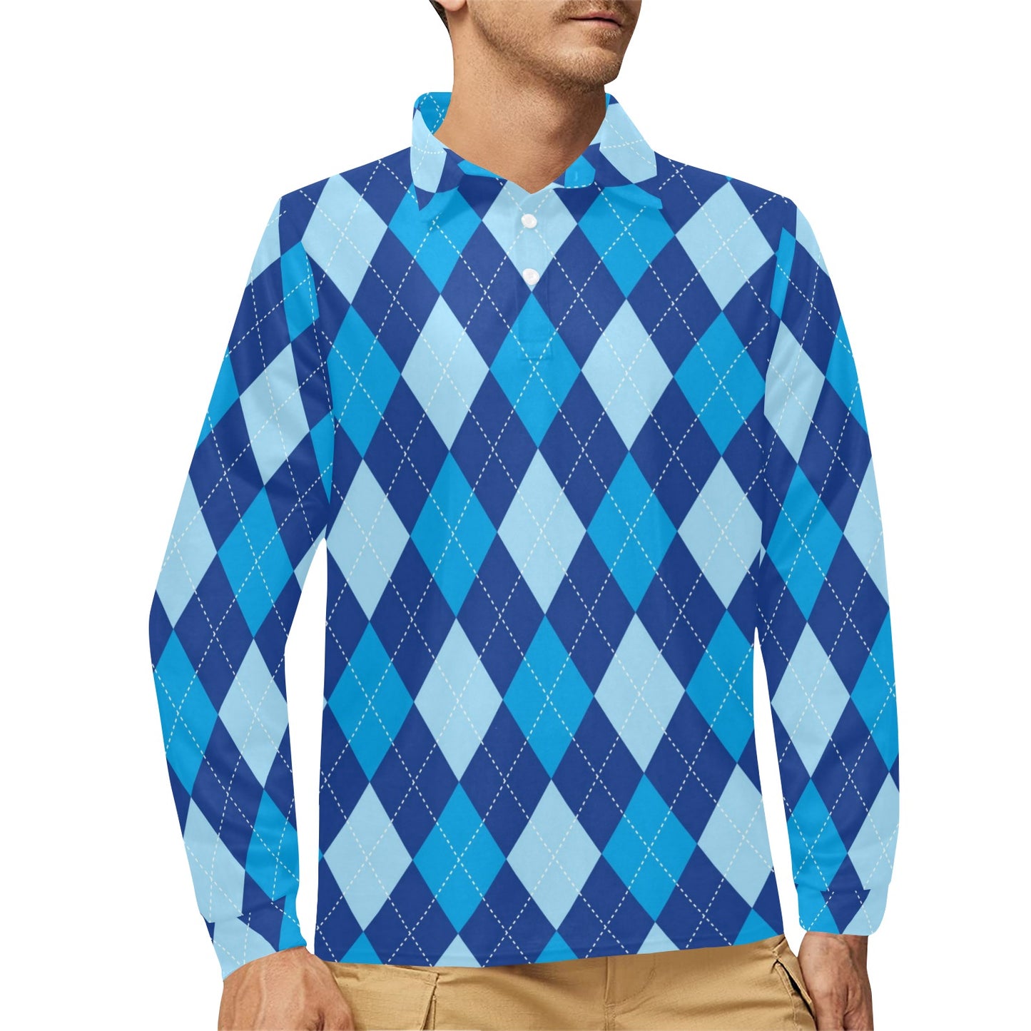 Argyle Blue Pattern Print Design 02 Long Sleeve Polo Shirt For Men's