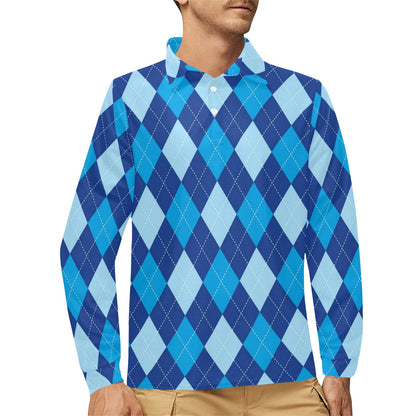 Argyle Blue Pattern Print Design 02 Long Sleeve Polo Shirt For Men's