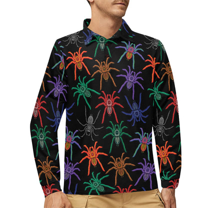 Tarantula Neon Color Pattern Print Design 03 Long Sleeve Polo Shirt For Men's