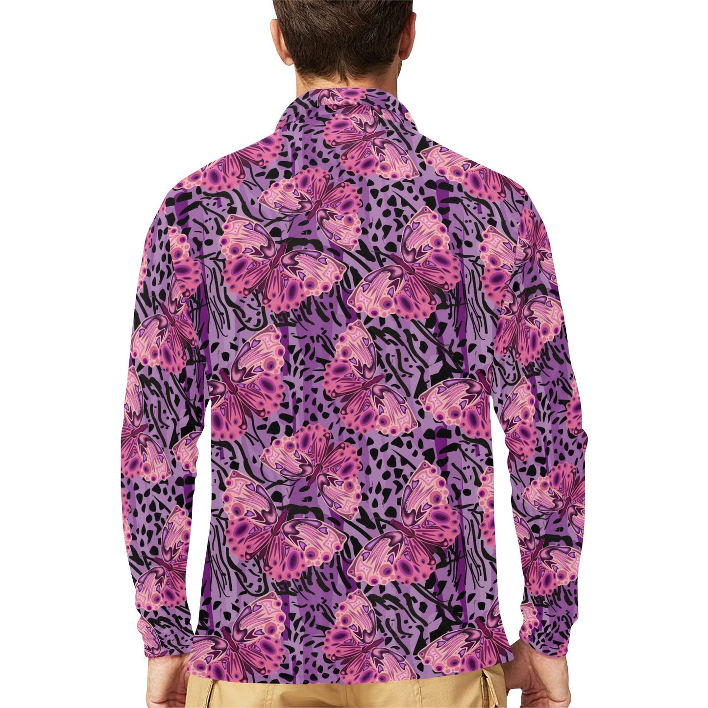 Purple Butterfly Leopard Long Sleeve Polo Shirt For Men's
