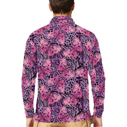 Purple Butterfly Leopard Long Sleeve Polo Shirt For Men's
