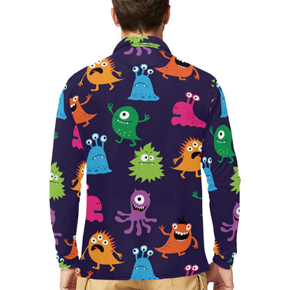 Monster Cartoon Pattern Print Design 02 Long Sleeve Polo Shirt For Men's