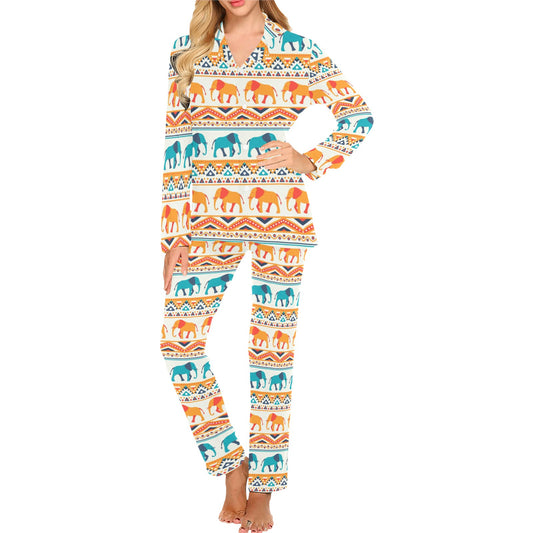 Elephant Aztec Ethnic Print Pattern Women's Long Pajama Set