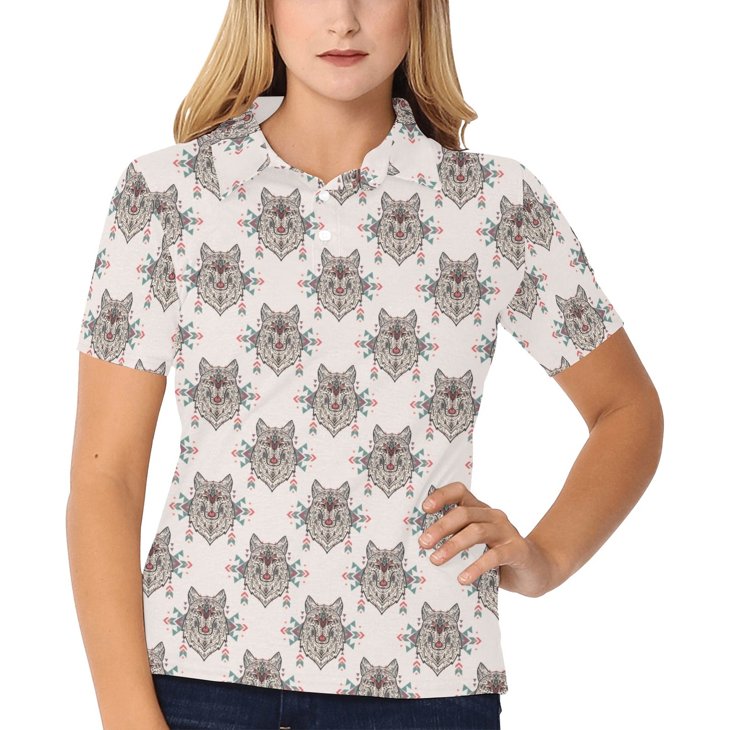 Aztec Wolf Pattern Print Design 01 Women's Polo Shirt