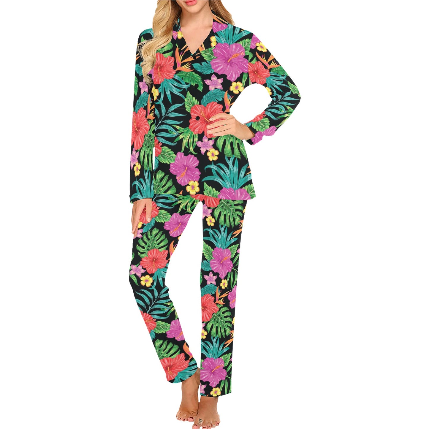 Hibiscus Red Hawaiian Flower Women's Long Pajama Set