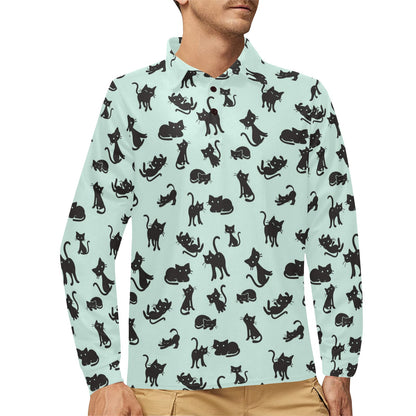 Black Cat Pattern Print Design 04 Long Sleeve Polo Shirt For Men's