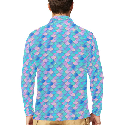 Mermaid Scales Pastel Pattern Print Design 07 Long Sleeve Polo Shirt For Men's