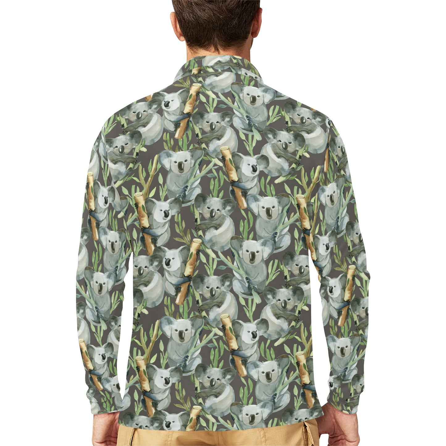 Koala Pattern Design Print Long Sleeve Polo Shirt For Men's