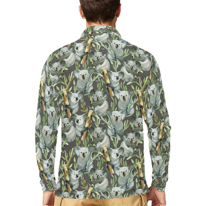 Koala Pattern Design Print Long Sleeve Polo Shirt For Men's