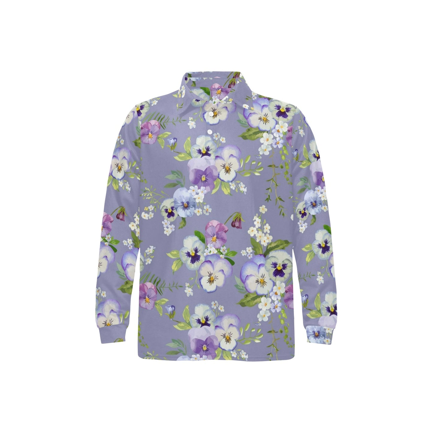 Pansy Pattern Print Design PS05 Long Sleeve Polo Shirt For Men's