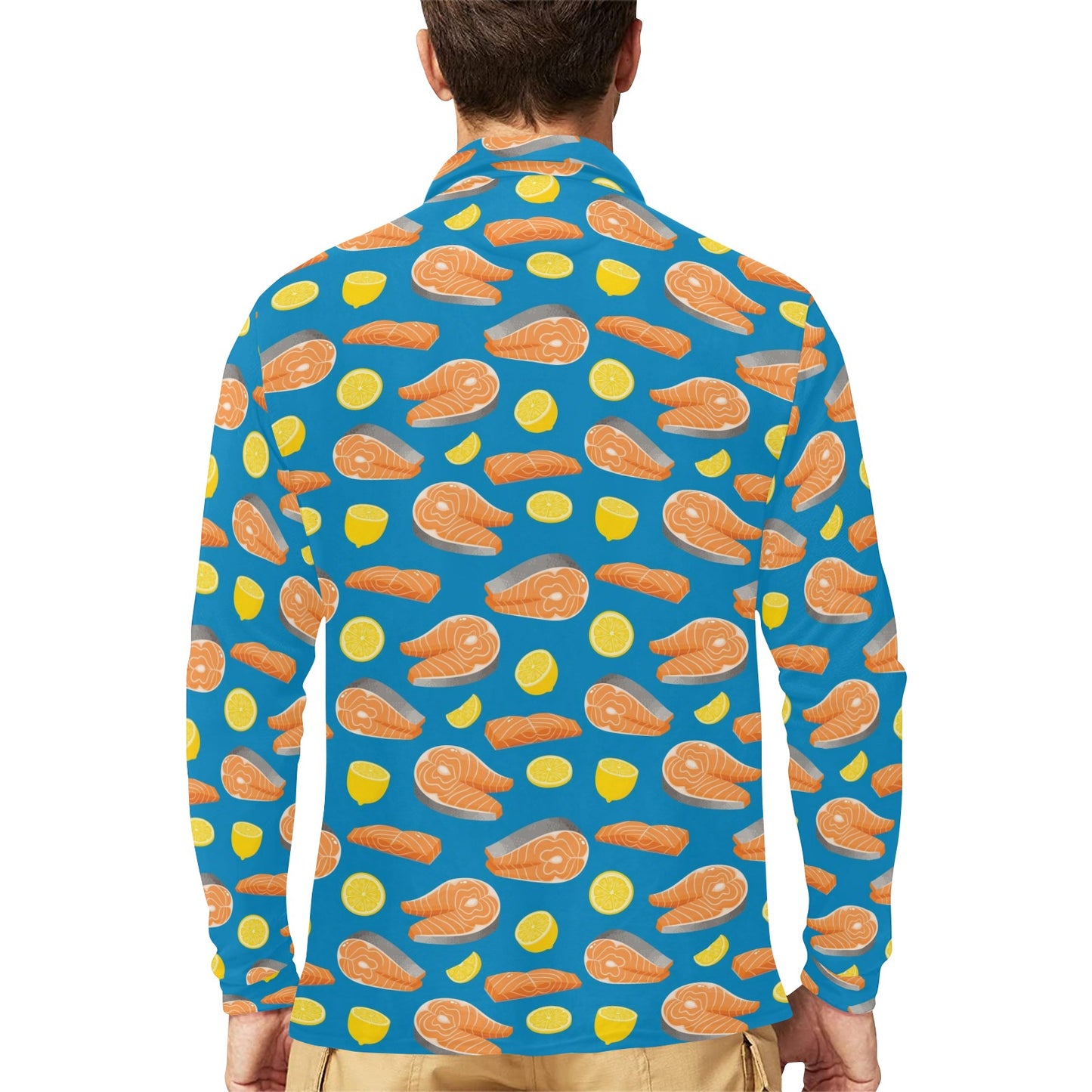 Salmon Steak With Lemon Print Design LKS308 Long Sleeve Polo Shirt For Men's