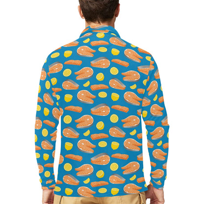 Salmon Steak With Lemon Print Design LKS308 Long Sleeve Polo Shirt For Men's