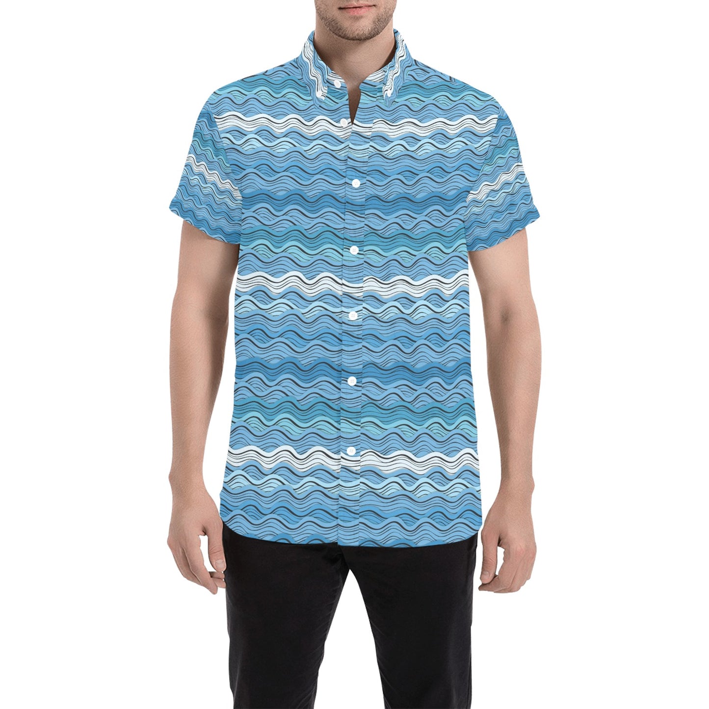 Wave Print Design LKS301 Men Short Sleeve Button Up Shirt