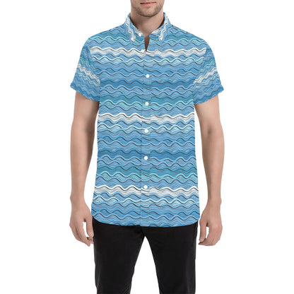 Wave Print Design LKS301 Men Short Sleeve Button Up Shirt