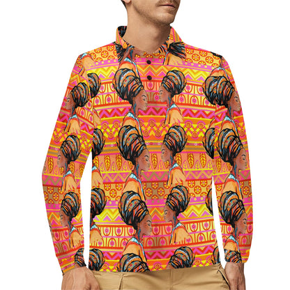 African Girl Aztec Long Sleeve Polo Shirt For Men's