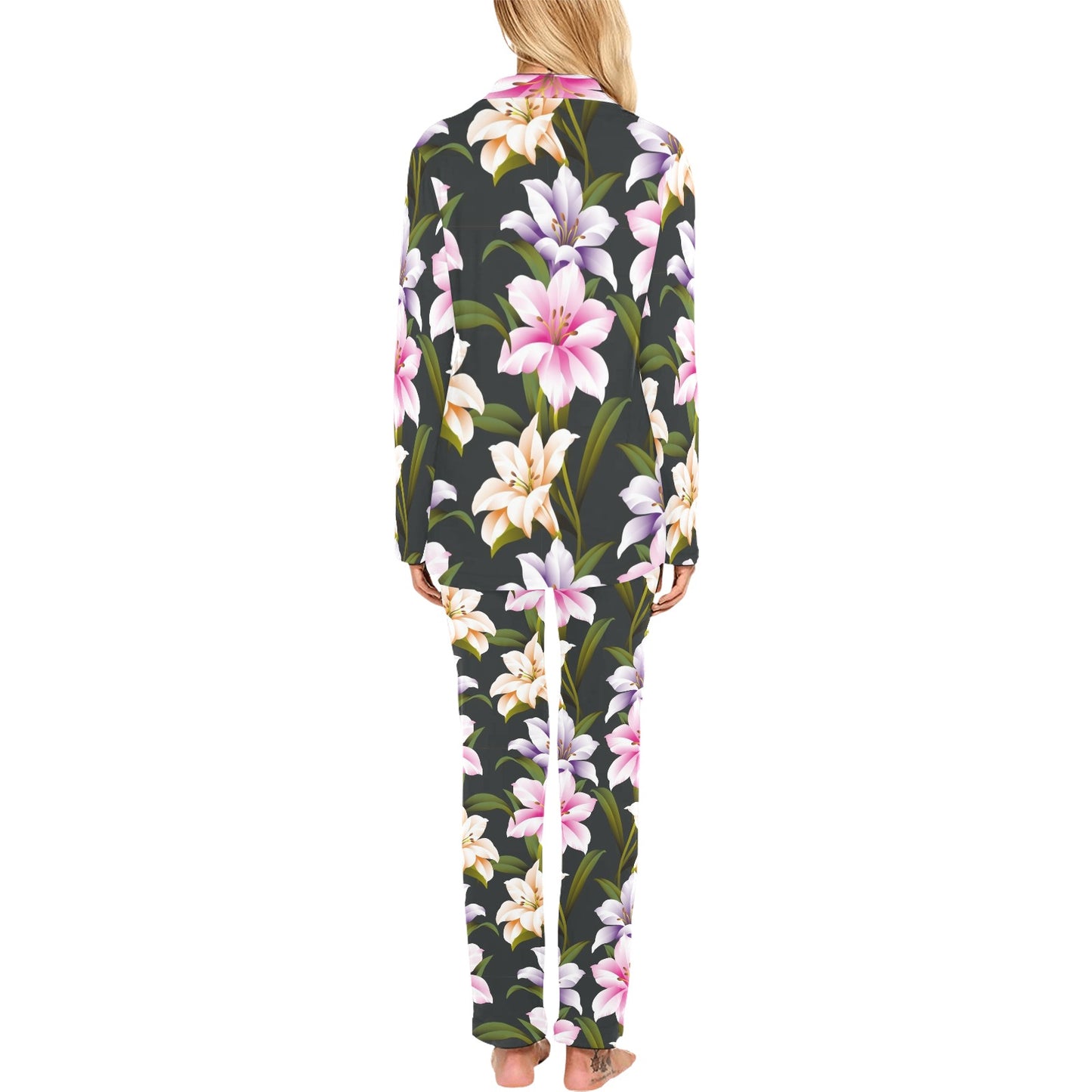 Lily Pattern Print Design LY01 Women's Long Pajama Set