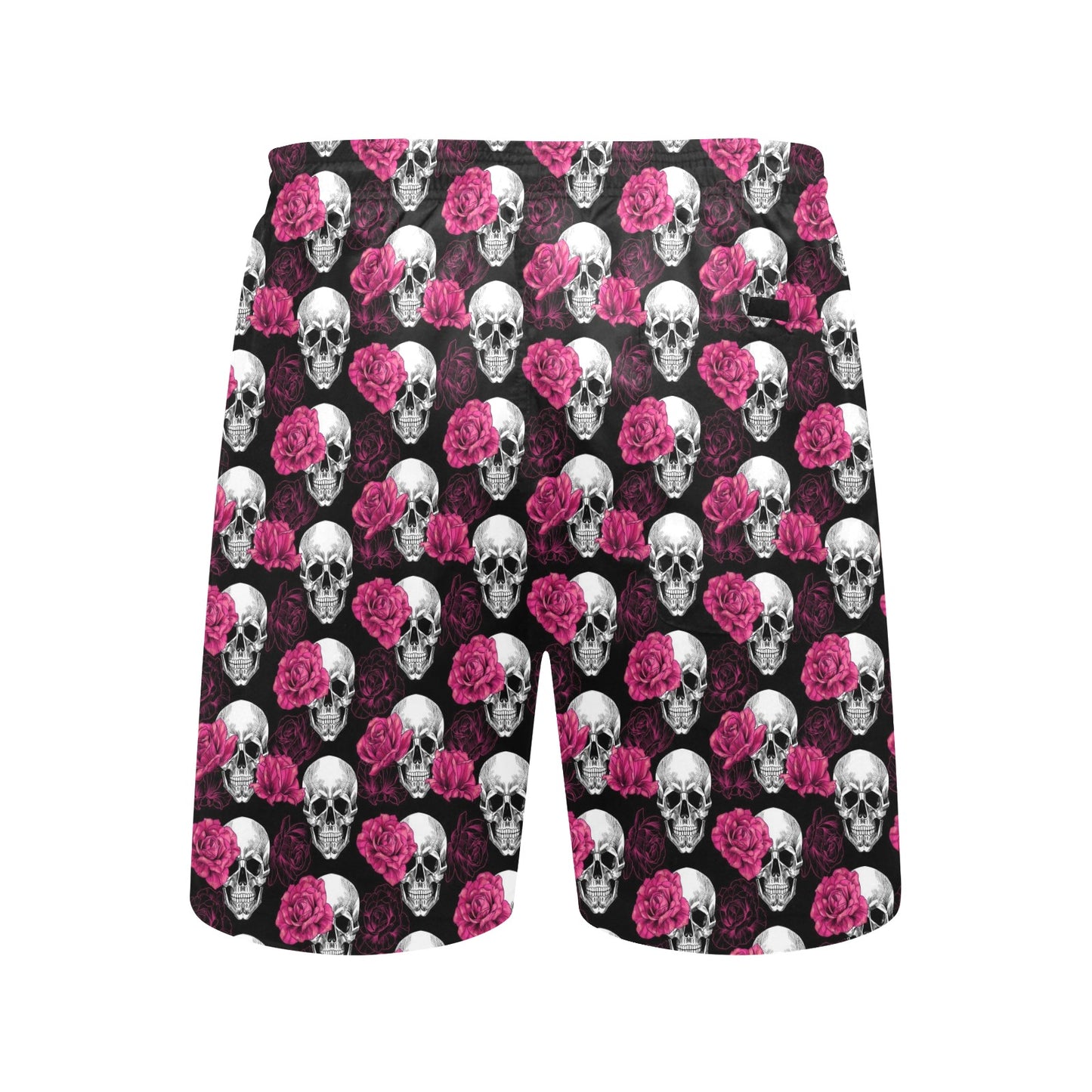 Pink Rose Skull Themed Print Men's Swim Trunks Beach Shorts