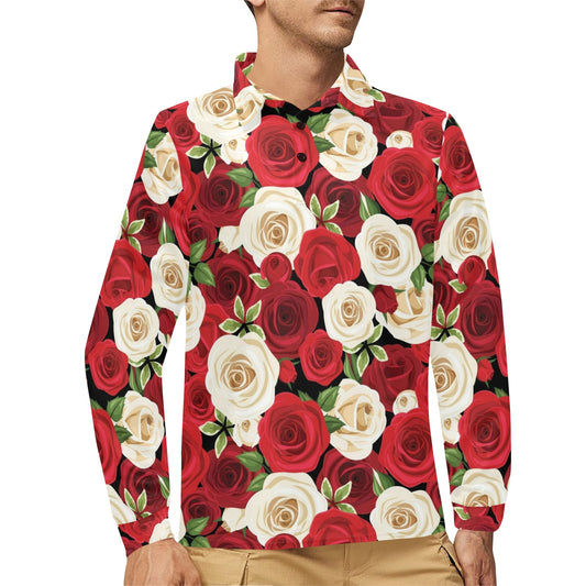 Rose Pattern Print Design RO06 Long Sleeve Polo Shirt For Men's