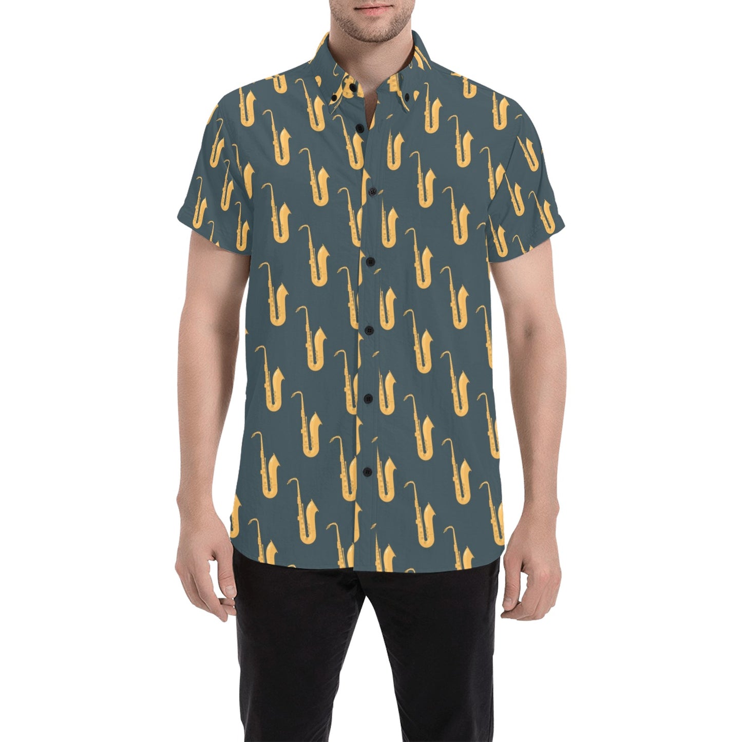 Saxophone Print Design LKS401 Men Short Sleeve Button Up Shirt