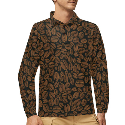 Coffee Pattern Print Design 01 Long Sleeve Polo Shirt For Men's