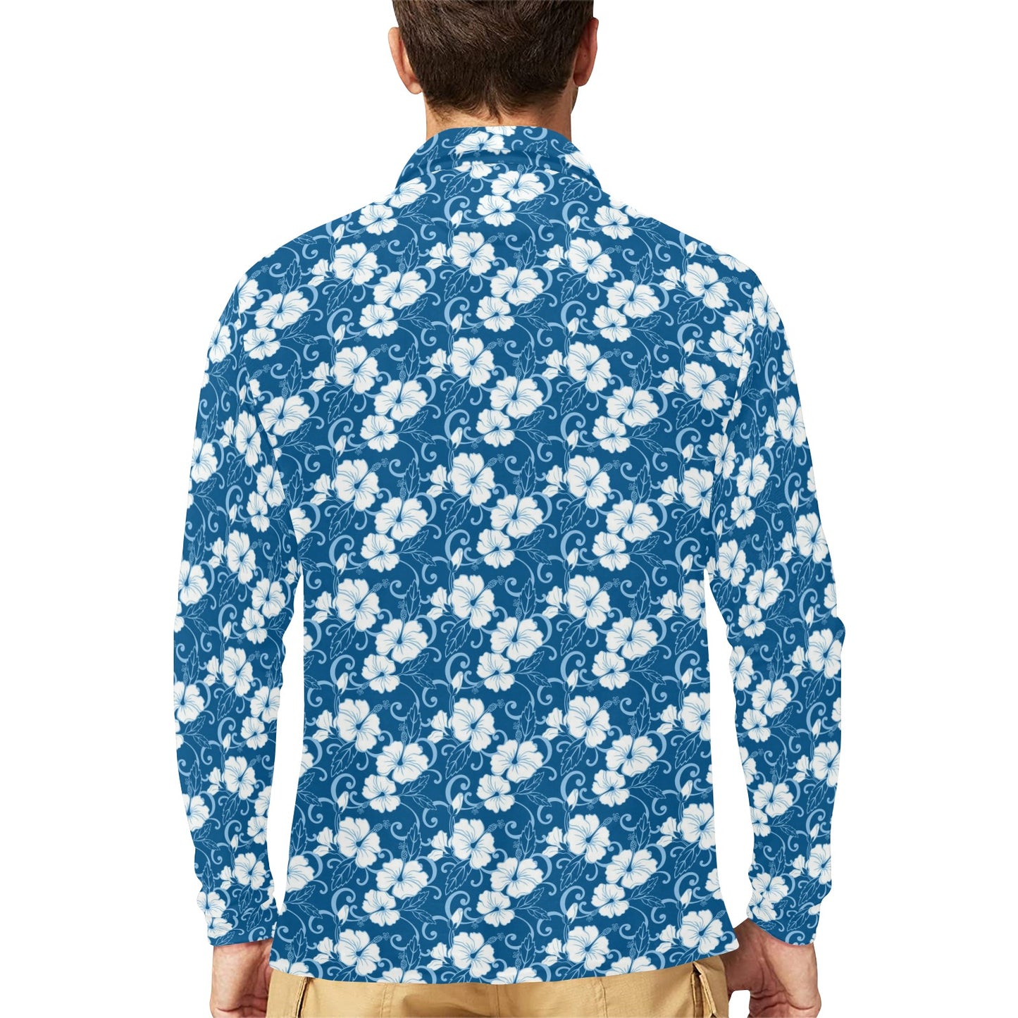 Hibiscus Blue Flower Hawaiian Print Long Sleeve Polo Shirt For Men's
