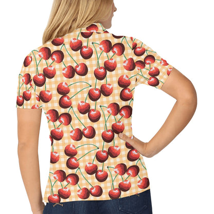 Cherry Orange Plaid Print Women's Polo Shirt