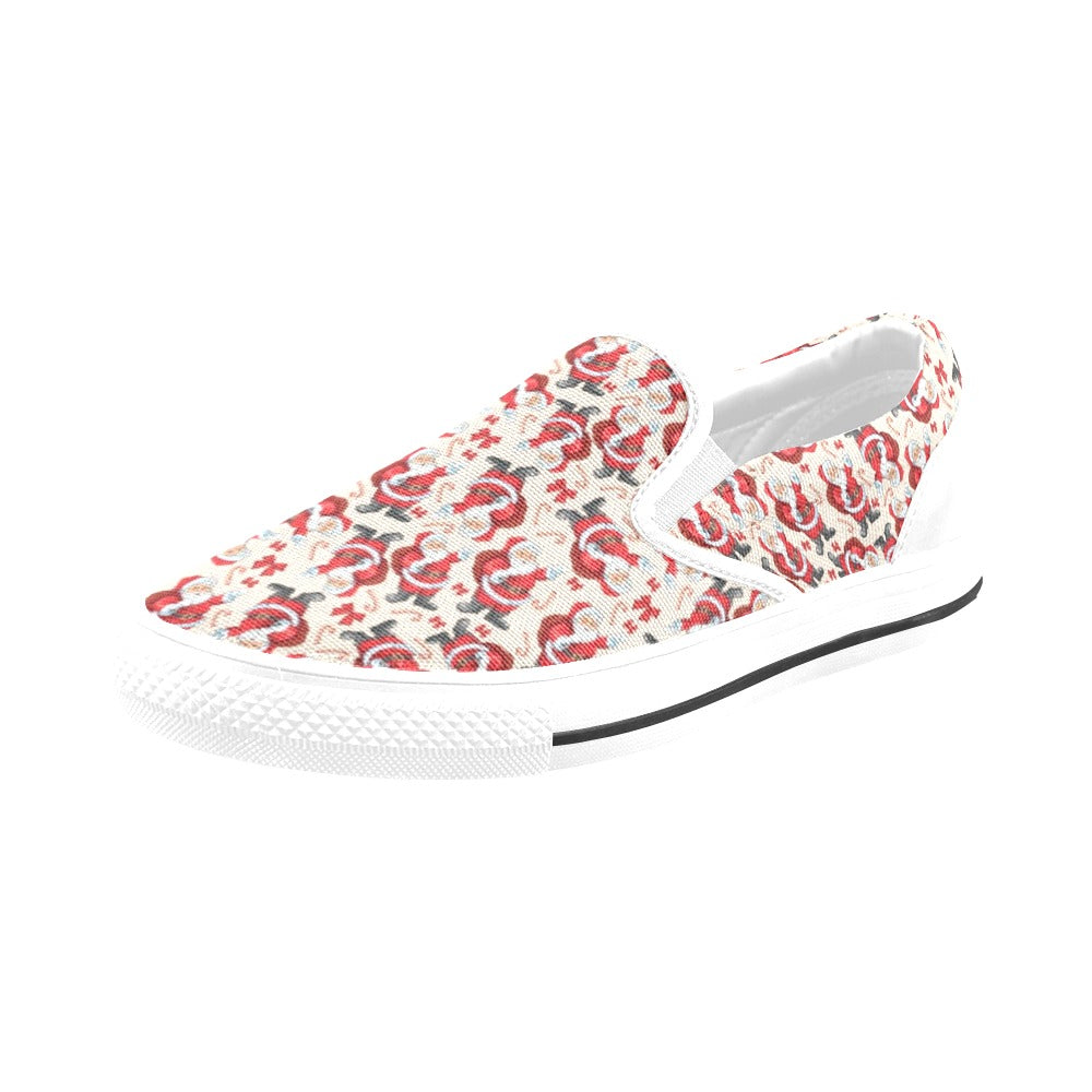 Santa Christmas Themed Print Design LKS302 White Slip Ons Canvas Women's Shoes