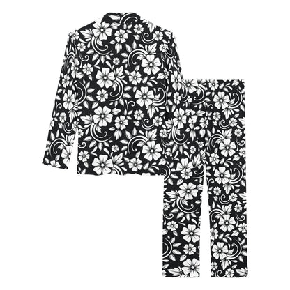 Floral Black White Themed Print Women's Long Pajama Set