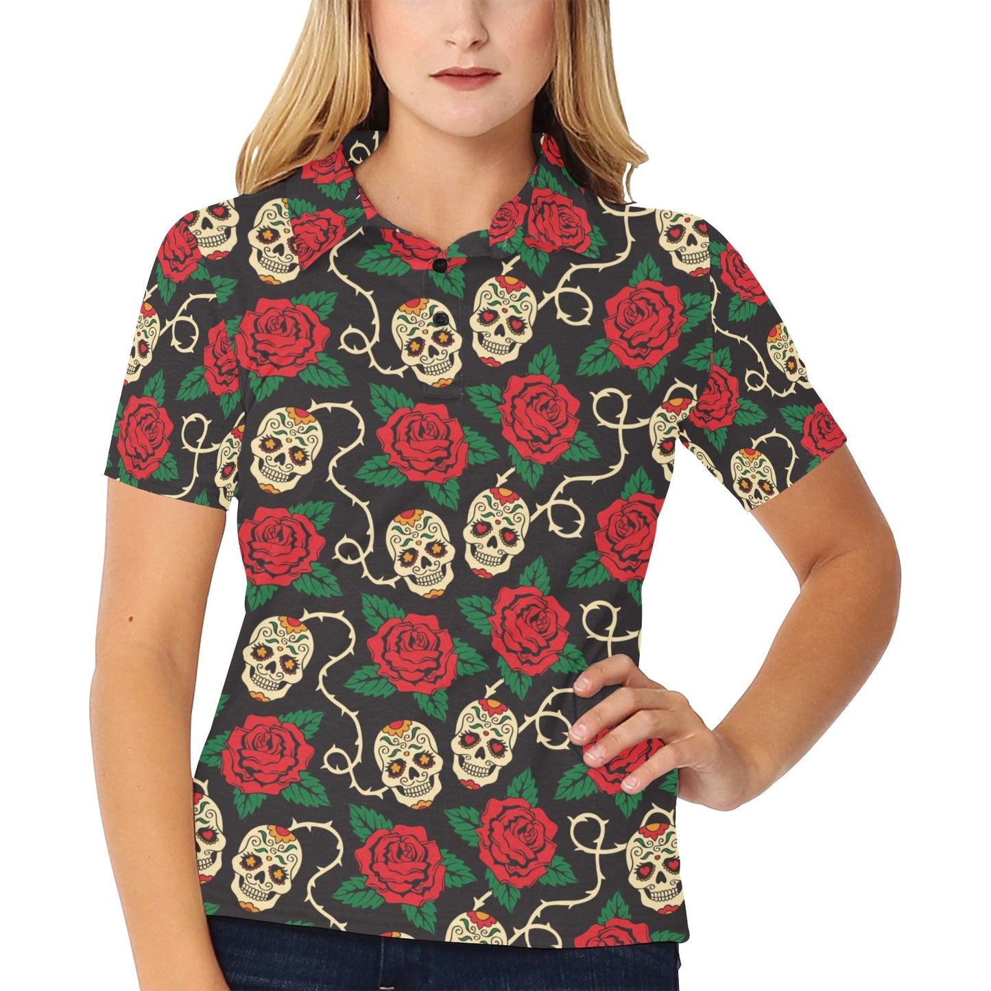 Sugar Skull Red Rose Print Design LKS301 Women's Polo Shirt