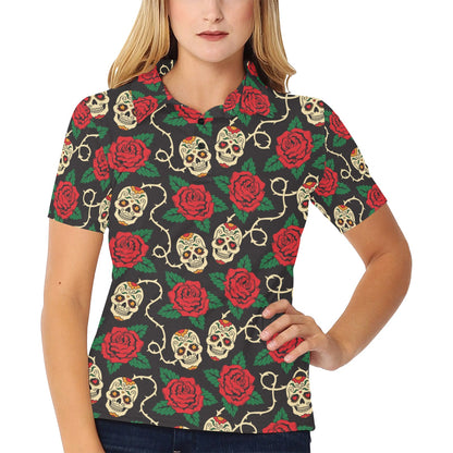 Sugar Skull Red Rose Print Design LKS301 Women's Polo Shirt
