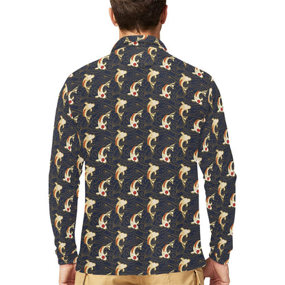 Koi Carp Japanese Design Themed Print Long Sleeve Polo Shirt For Men's