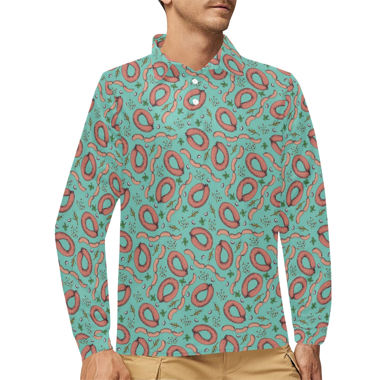 Sausage Print Design LKS303 Long Sleeve Polo Shirt For Men's