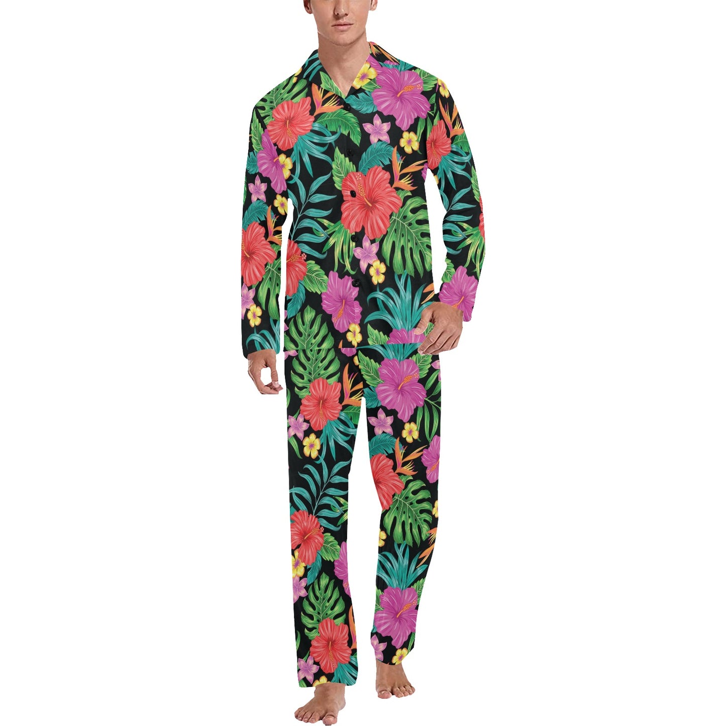 Hibiscus Red Hawaiian Flower Men's Long Pajama Set