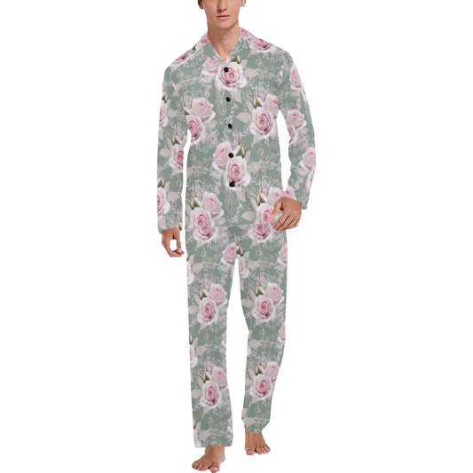 Rose White Pattern Print Design RO012 Men's Long Pajama Set