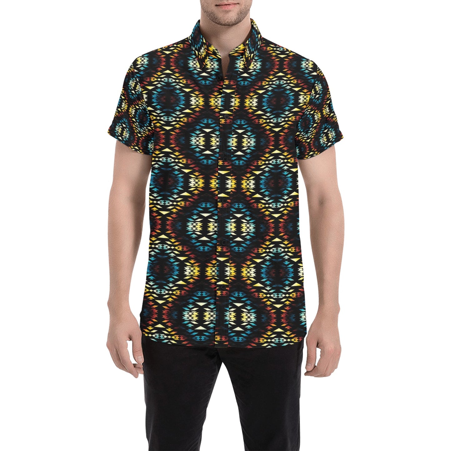 Tribal Pattern Print Design LKS309 Men Short Sleeve Button Up Shirt