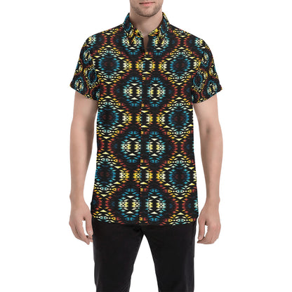 Tribal Pattern Print Design LKS309 Men Short Sleeve Button Up Shirt