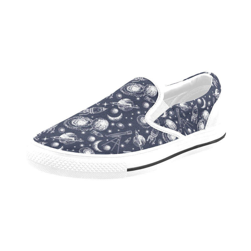 Space Rocket Print Design LKS301 White Slip Ons Canvas Women's Shoes