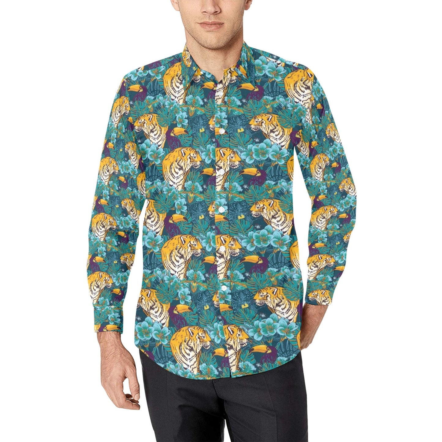 Tiger Tropical Print Design LKS301 Men's Long Sleeve Dress Shirt