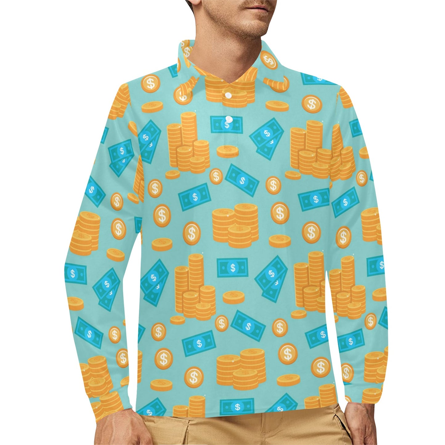 Money Pattern Print Design 03 Long Sleeve Polo Shirt For Men's
