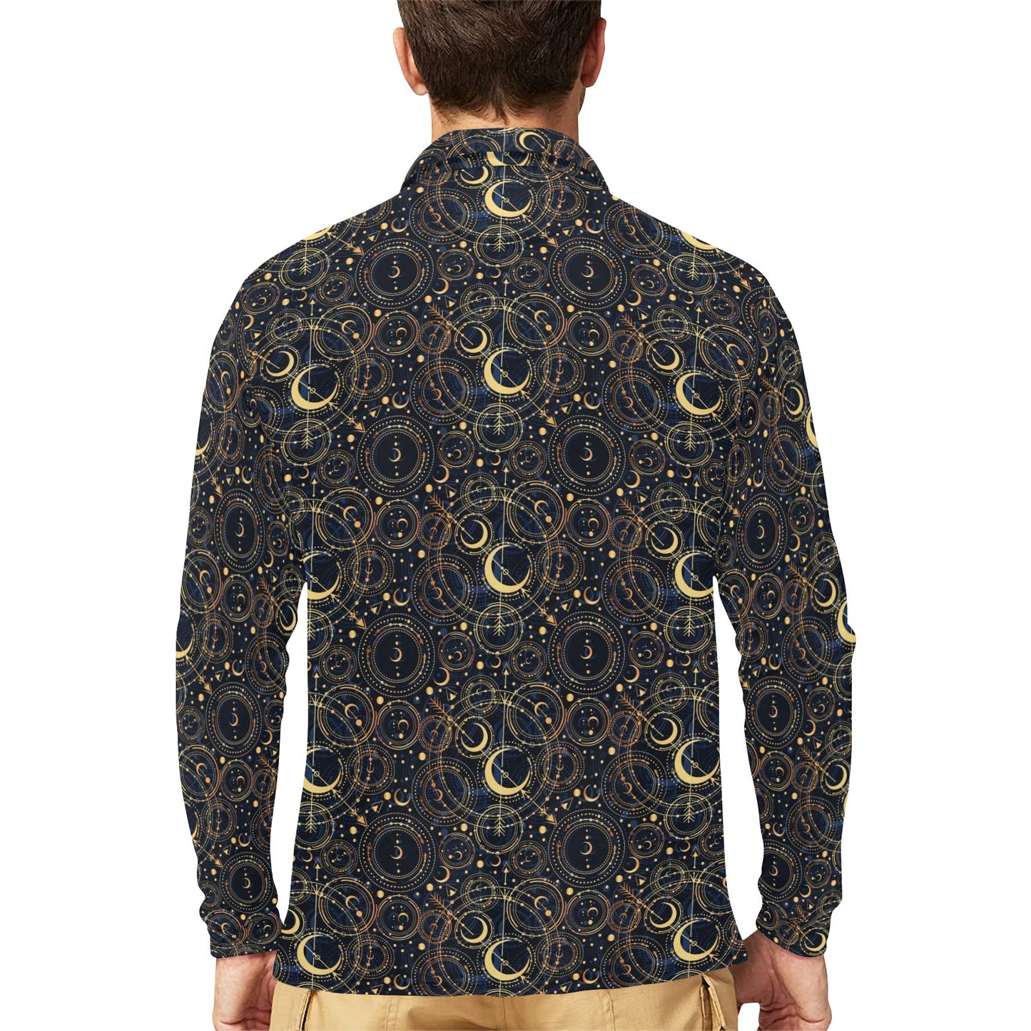 Celestial Pattern Print Design 04 Long Sleeve Polo Shirt For Men's