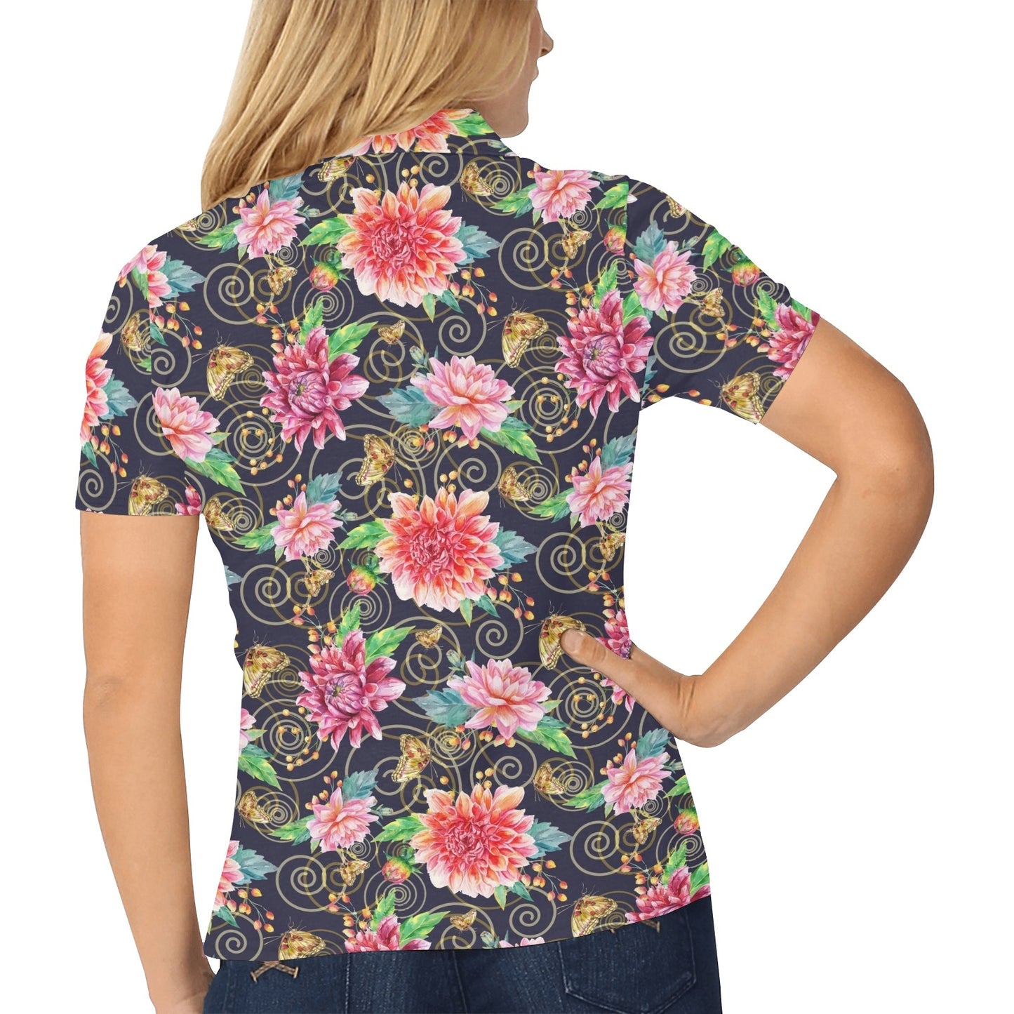 Dahlia Pattern Print Design DH02 Women's Polo Shirt