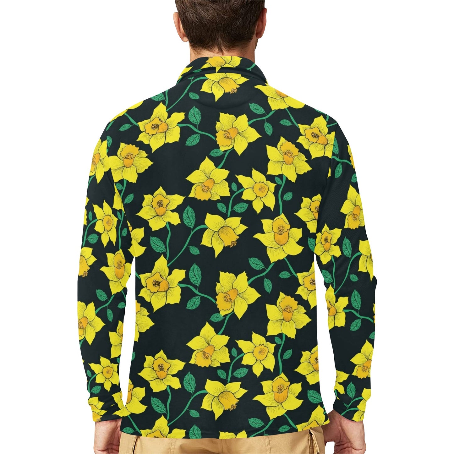Daffodils Pattern Print Design DF03 Long Sleeve Polo Shirt For Men's