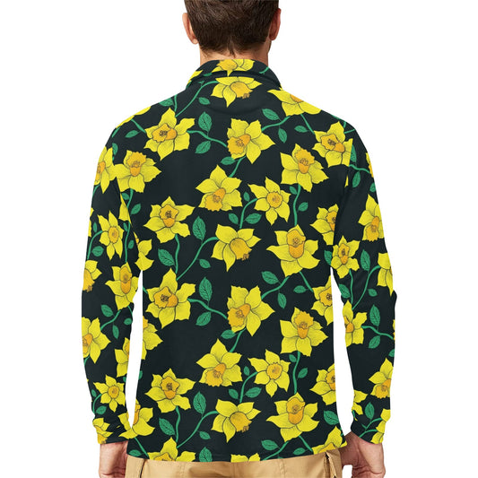 Daffodils Pattern Print Design DF03 Long Sleeve Polo Shirt For Men's