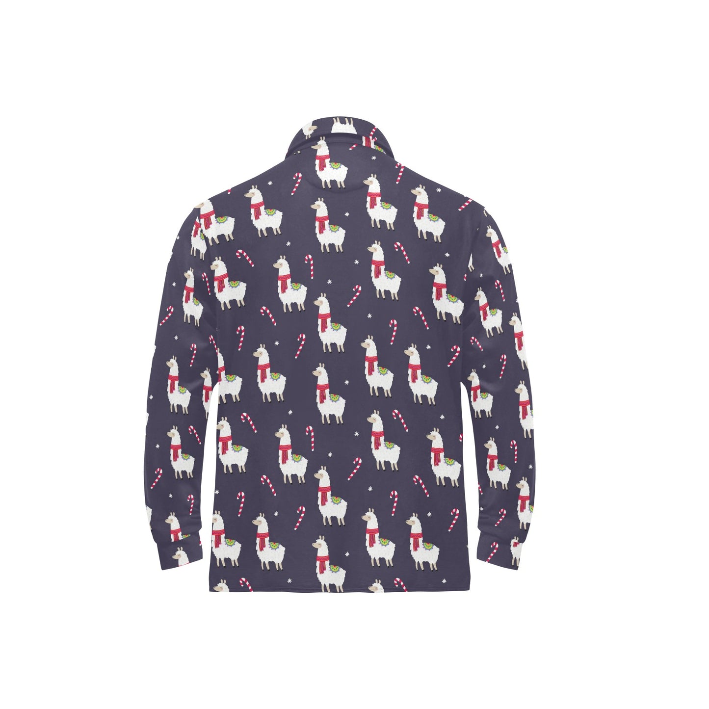 Llama with Candy Cane Themed Print Long Sleeve Polo Shirt For Men's