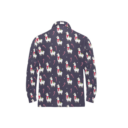 Llama with Candy Cane Themed Print Long Sleeve Polo Shirt For Men's