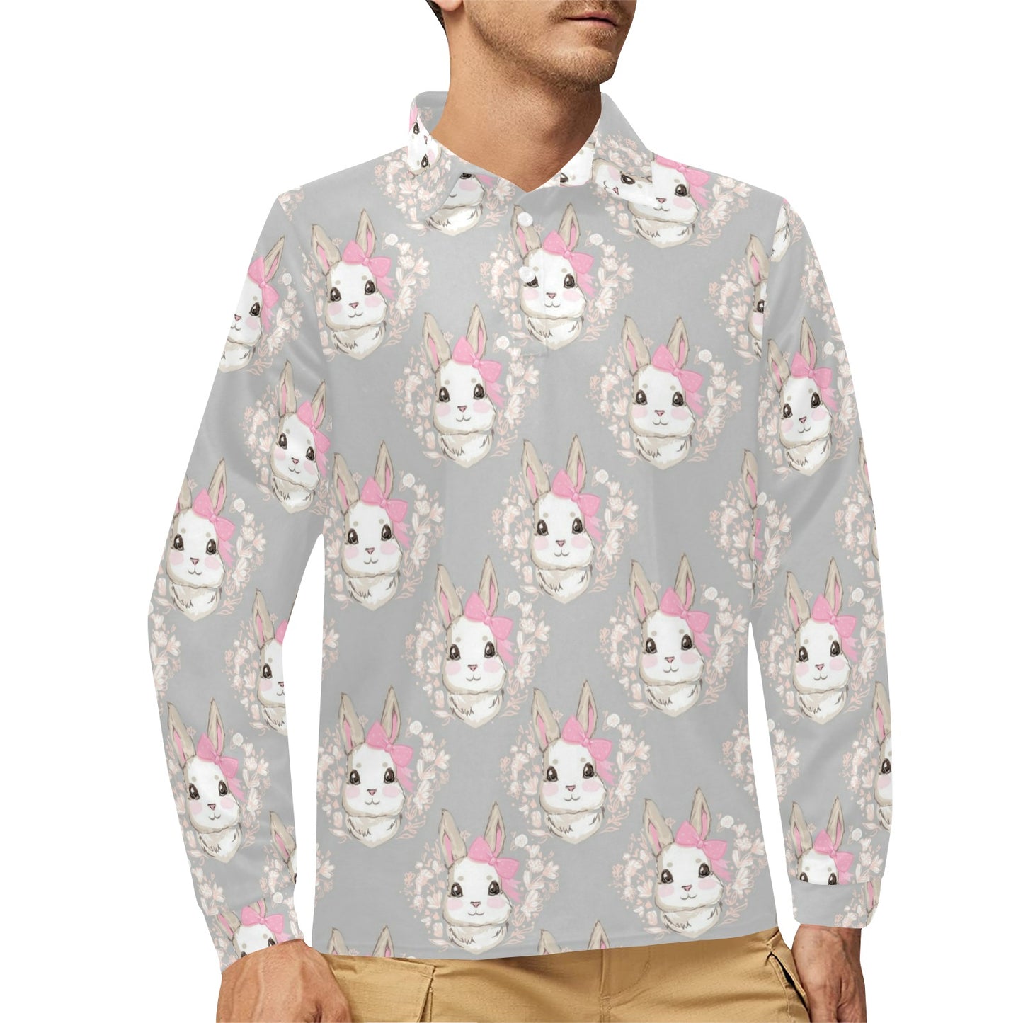 Rabbit Pattern Print Design RB07 Long Sleeve Polo Shirt For Men's