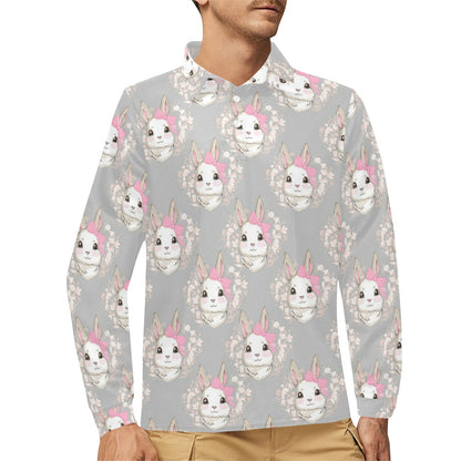 Rabbit Pattern Print Design RB07 Long Sleeve Polo Shirt For Men's