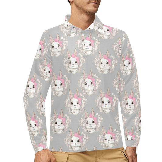 Rabbit Pattern Print Design RB07 Long Sleeve Polo Shirt For Men's